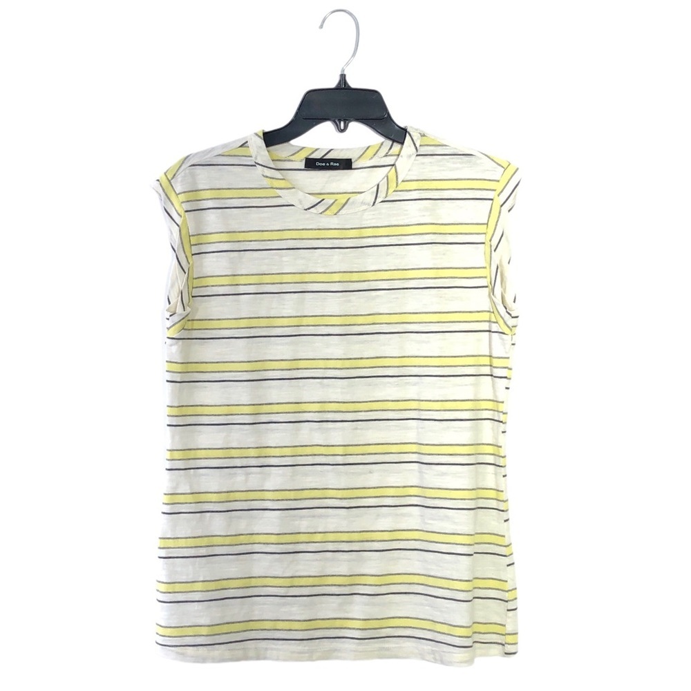 Doe & Rae White Yellow Gray Striped Sleeveless Tee Top